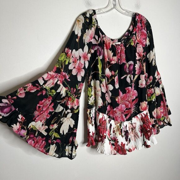 Rococo Sand Top Womens Large Floral Silk Pleated Boho Bell Sleeves Flowy Hippie - Picture 12 of 16